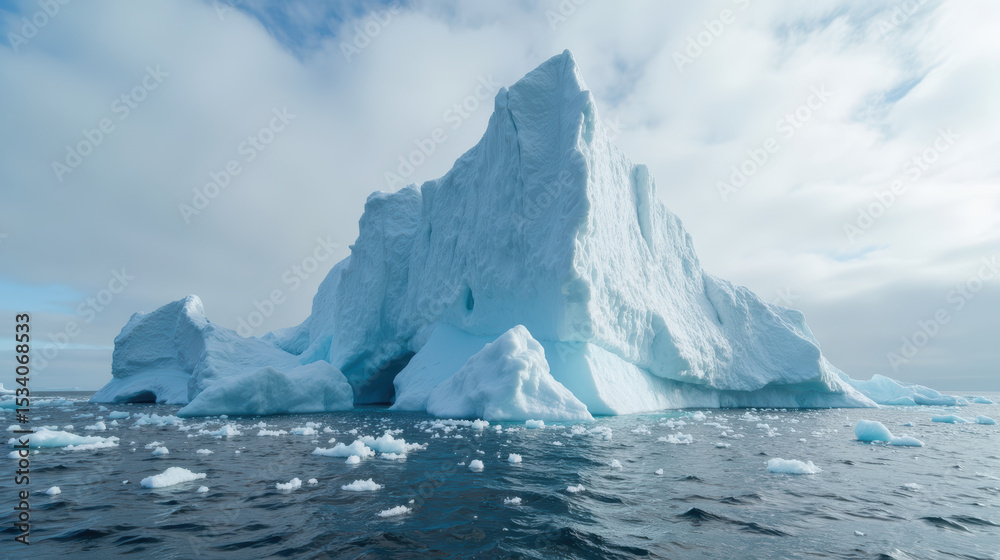 Majestic iceberg floating in calm ocean waters, surrounded by smaller ice pieces under cloudy sky. serene and breathtaking natural scene Majestic iceberg floating in calm ocean waters, surrounded by smaller ice pieces under cloudy sky. serene and breathtaking natural scene