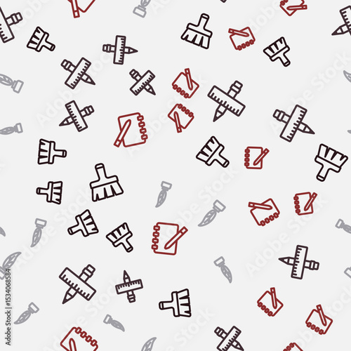 Set line Paint brush, Crossed ruler and pencil, Feather inkwell and Notebook on seamless pattern. Vector