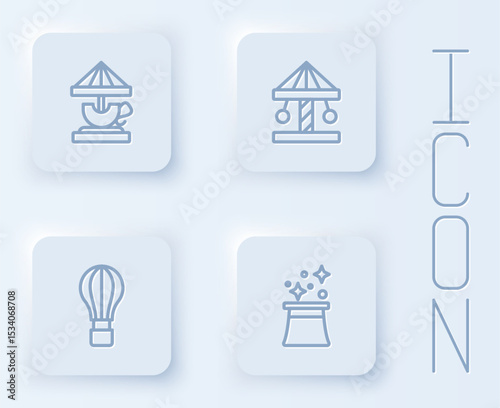 Set line Attraction carousel, Hot air balloon and Magician hat. White square button. Vector