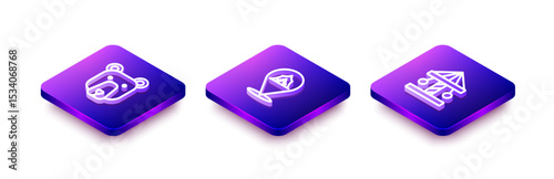 Set Isometric line Bear head, Circus tent and Attraction carousel icon. Vector