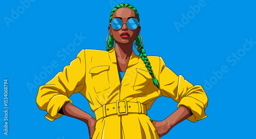 Confident woman in yellow outfit and green braided hair standing against blue background