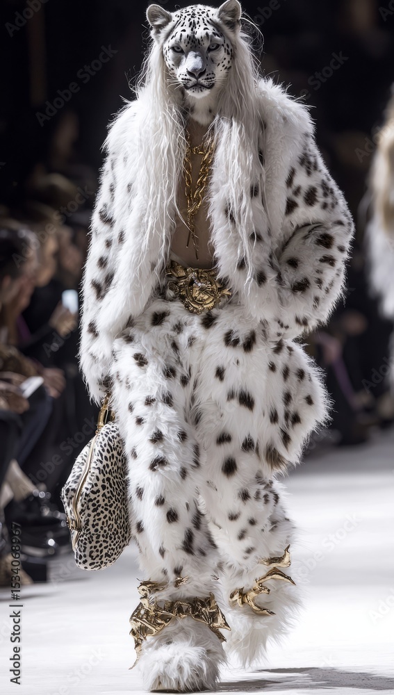 Obraz premium A striking model walks the runway in a fashionable leopard print ensemble, showcasing bold styling and opulent accessories that exude confidence and modern fashion trends.