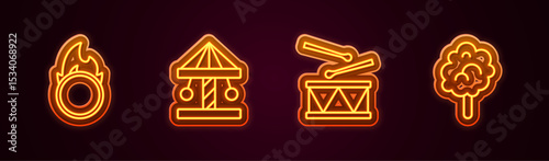 Set line Circus fire hoop, Attraction carousel, Drum with drum sticks and Cotton candy. Glowing neon icon. Vector
