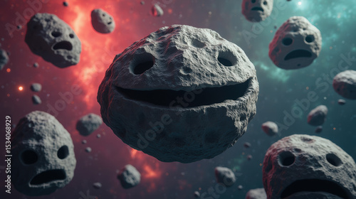 Space rocks with smiling faces float in colorful cosmic background, creating whimsical and playful atmosphere in universe
