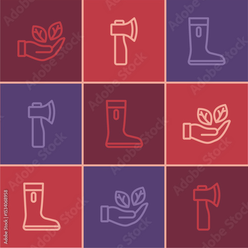 Set line Leaf in hand, Waterproof rubber boot and Wooden axe icon. Vector