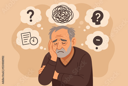 Dementia concept with sad elderly man. Alzheimer's disease illustration showing memory loss, confusion, brain disorder. Senior mental health, cognitive decline, amnesia problem.