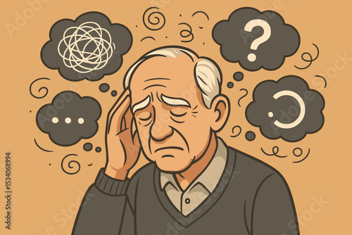 Dementia concept. Sad senior man with Alzheimer's, memory loss, confusion. Elderly person with mental health problems, tangled thoughts, amnesia. Cognitive decline. Brain disorder.