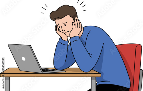 Man in blue shirt sitting on red chair at wooden desk with open laptop