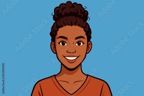 Portrait of a confident smiling young black woman. Happy African American female character with curly hair in a messy bun. Beautiful avatar illustration for user profile. Vector.