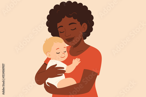 Tender maternal embrace of a Black mother holding her Caucasian baby. Concept of motherhood, diversity, adoption, and interracial family love. Vector illustration of a woman and child.