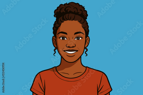 Portrait of a confident smiling young Black woman. Happy African American female with curly hair bun. Vector illustration for avatar, social media profile, diversity concept.