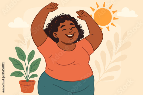 Body positive African American woman enjoying a morning stretch. Concept of self love, wellness, and happiness. Curvy female character smiling at sunrise. New day vector illustration.