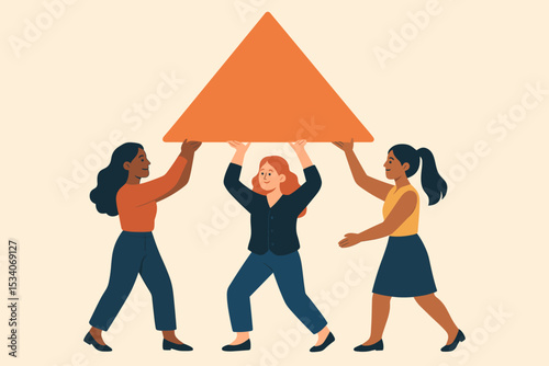 Feminism and women empowerment concept. Diverse group of females working together. Teamwork, collaboration, unity, support, and strength to achieve a common goal. Vector.