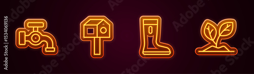 Set line Water tap, Bird house, Waterproof rubber boot and Sprout. Glowing neon icon. Vector