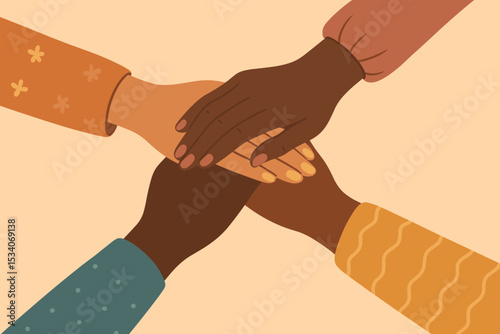 Hands of diverse women stacked together for unity. Concept of friendship, sisterhood, teamwork, and support. Female community union. Racial equality and empowerment illustration.