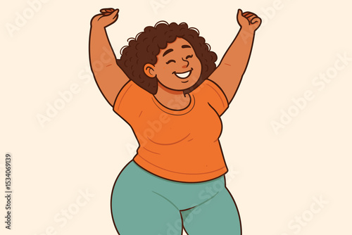 Happy plus size woman stretching in the morning. Body positive vector illustration. Joyful curvy African American girl waking up. Self care, wellness and contentment concept.