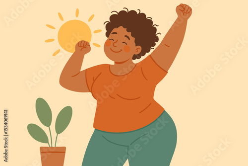Happy plus size woman stretching in the morning sunshine. Joyful curvy black female character waking up. Concept of body positivity, self-love, wellness, good morning, new day.