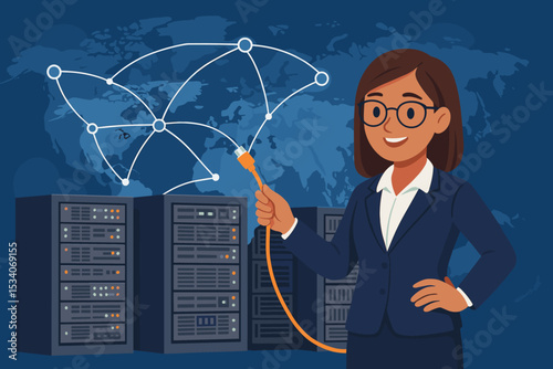 Woman IT specialist in data center connecting servers. Female network administrator with ethernet cable. Global communication, cloud computing technology and hosting concept vector.