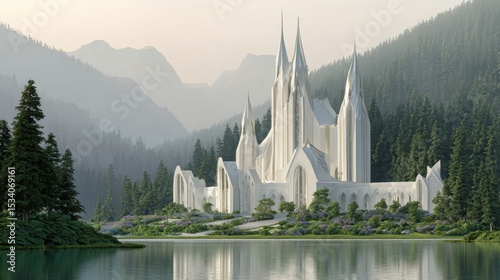 futuristic castle with garden near lake, photo-realism, 8k