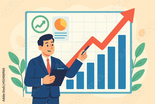 Businessman presenting financial growth analysis on a board with charts and graphs. Corporate manager explaining a successful business strategy with an increasing arrow indicating profit.