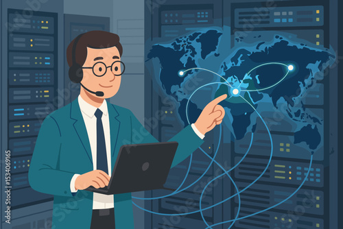 IT administrator in data center managing global network. Engineer with laptop working in server room. World map with connections. Cloud computing, big data, technical support concept.