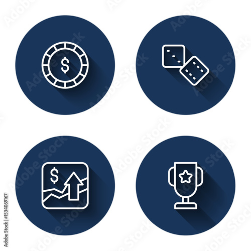 Set line Casino chip with dollar, Game dice, Financial growth increase and poker trophy cup with long shadow. Blue circle button. Vector