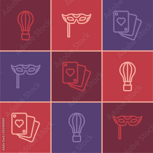 Set line Hot air balloon, Playing cards and Festive mask icon. Vector