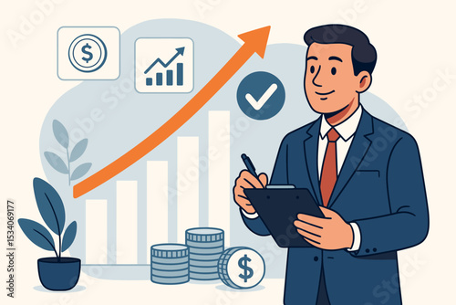Successful financial growth analysis concept with businessman, increasing bar chart, rising profits, money coins, business progress, investment strategy, economic success