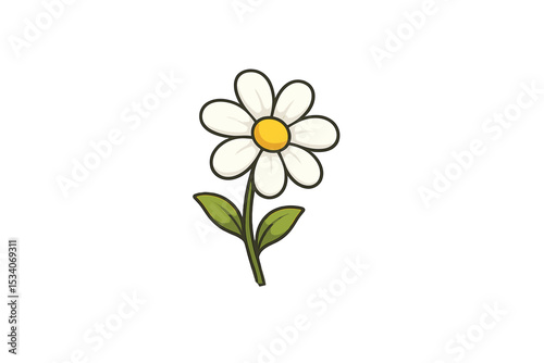 Cute cartoon daisy flower illustration. Simple white chamomile blossom with green stem and leaves isolated. Spring or summer floral icon. Vector graphic for nature or garden design.