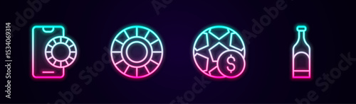 Set line Online sports betting, Casino chips, Football money and Bottle of wine. Glowing neon icon. Vector