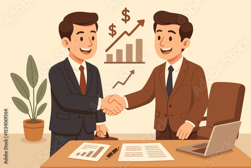 Business partnership success concept. Two businessmen shaking hands over a signed contract. Financial growth graph and dollar signs symbolize a profitable deal and agreement.