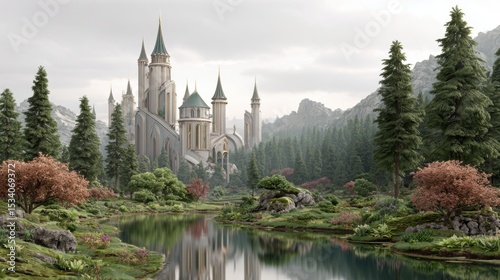 futuristic castle with garden near lake, photo-realism, 8k