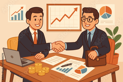 Successful business partnership concept with businessmen shaking hands over a deal. Teamwork and collaboration for financial investment and profit. Growth charts and data analysis.