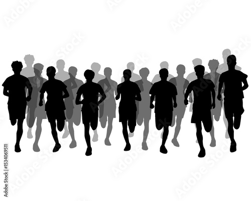 Silhouette of crowd of young people running, morning jogging, isolated icon on white background.