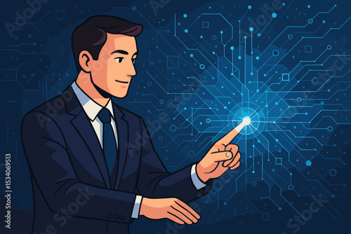Digital transformation concept with a businessman touching a futuristic network interface. Innovation in technology, AI, big data, and global connectivity. Business strategy vector.