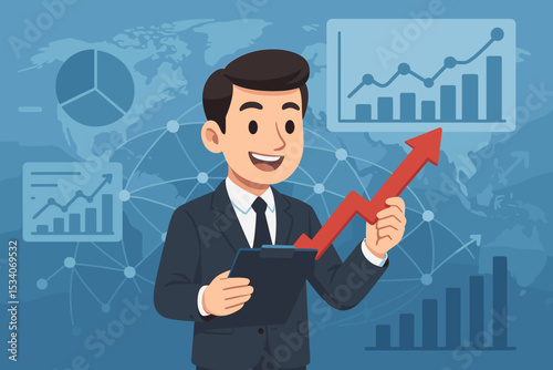 Global business growth concept with happy businessman holding upward arrow. Financial analysis, investment success, stock market profit with data charts and graphs. Vector.