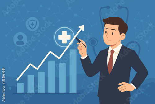 Businessman presenting healthcare data analysis. Medical industry growth chart. Health insurance finance report. Concept of medicine economy, investment, and statistics success.