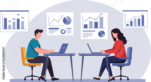 Two professionals working at laptops in an office with charts and graphs in the background
