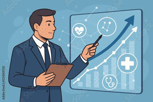 Healthcare data analysis concept with businessman pointing at screen. Medical report presentation with growth chart, health statistics, and vital signs icons like heart and stethoscope.