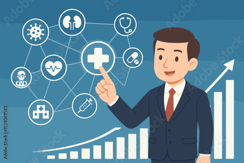 Businessman touches virtual medical network icon. Healthcare industry growth concept. Digital health technology, telemedicine and investment success with data chart analysis.
