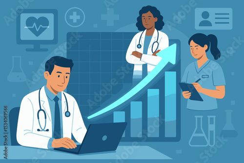 Healthcare team analyzing medical data on a growth chart. Concept of digital health, EMR, and hospital management success. Doctors and nurse collaborating on medical innovation.