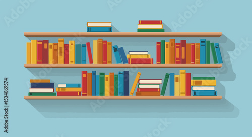 Vibrant bookshelf with colorful books on two shelves