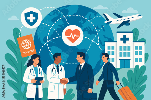 Medical tourism concept with patient traveling abroad for healthcare. Global medical network showing doctor and businessman handshake. International treatment with hospital, passport, airplane.