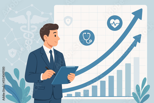 Healthcare data analysis concept. Businessman analyzing medical statistics and financial growth on a chart. Health insurance industry report, progress, and success vector illustration.