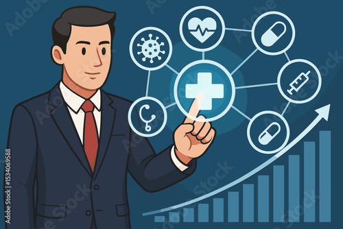 Businessman managing digital health network on virtual interface. Medical technology concept. Telemedicine, health insurance, pharmaceutical industry growth chart, and diagnosis.