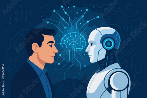 Artificial intelligence concept showing human-robot collaboration. Man and android face to face with a digital brain. Future technology, neural network, machine learning, synergy.