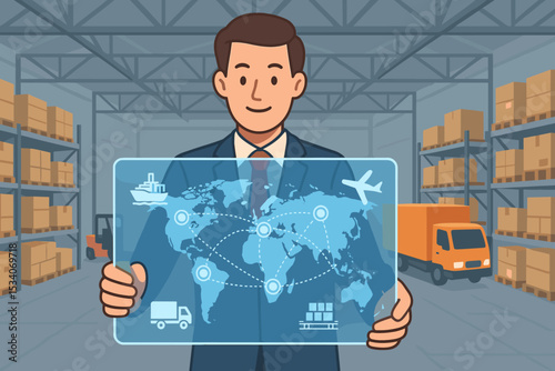 Smart logistics and global supply chain management. Manager in warehouse holding digital interface with world map, showing transport network for shipping, freight, and cargo delivery.