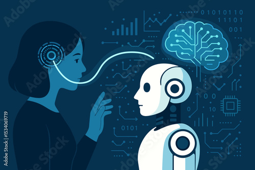 Human and AI robot interaction vector illustration. Brain computer interface concept. Woman communicating with android. Future technology, machine learning, neural link, digital mind.
