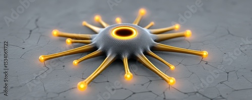 A 3D illustration of a neuron with glowing synaptic terminals on a cracked surface, highlighting neural connections and signaling.