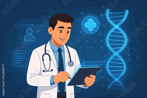 Telemedicine and digital healthcare vector illustration. Doctor using tablet with futuristic interface, DNA helix, and patient data icons. Medical technology and innovation concept.